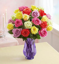 Load image into Gallery viewer, Two Dozen Assorted Roses w/Purple Vase