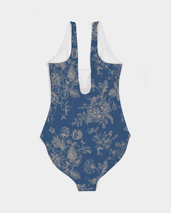 Navy Toile Floral Feminine One-Piece Swimsuit