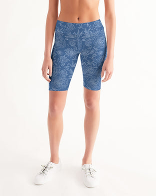 Blue Floral Women's Mid-Rise Bike Shorts