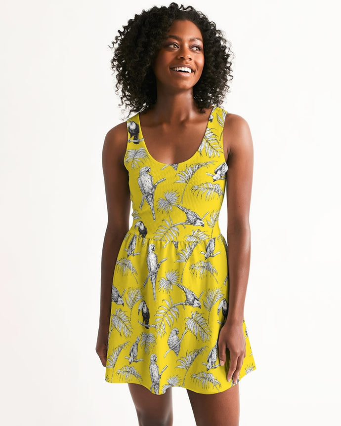 SMF Tropical Birds Feminine Scoop Neck Skater Dress