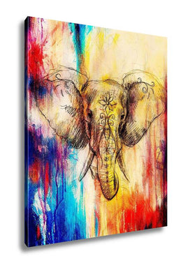Gallery Wrapped Canvas, Elephant With Floral Ornament Pencil Drawing On Paper Color Effect And Computer
