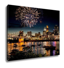 Load image into Gallery viewer, Gallery Wrapped Canvas, Fireworks Over Skyline Ohio River At A Fourth Of July Festival In Cincinnati